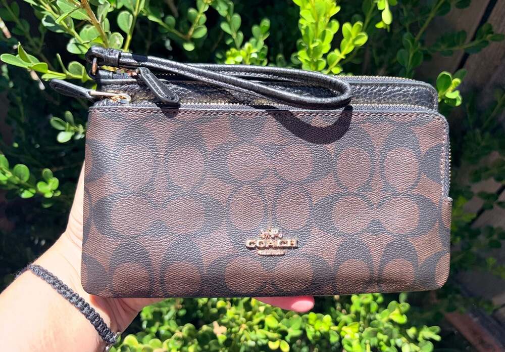 Coach Double Zip Wallet in Signature Canvas Brown Black C5576